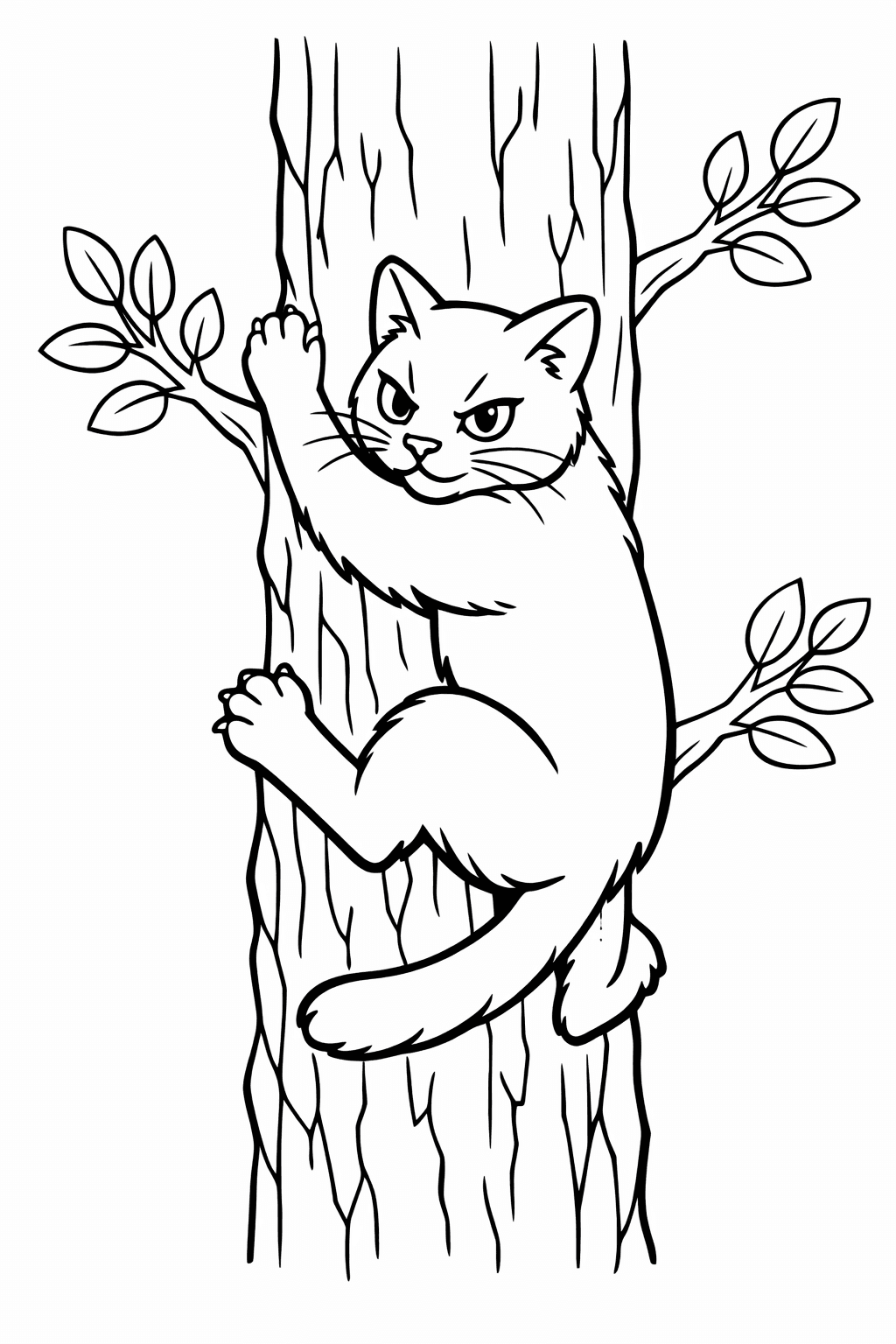 Katze klettert auf Baum - Ausmalbild