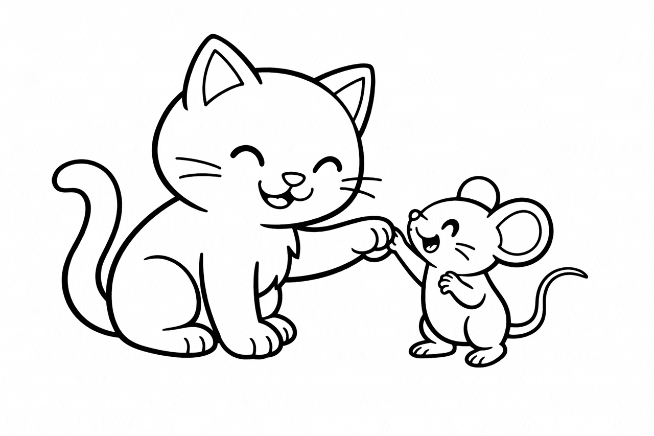 Katze und Maus spielen - Ausmalbild