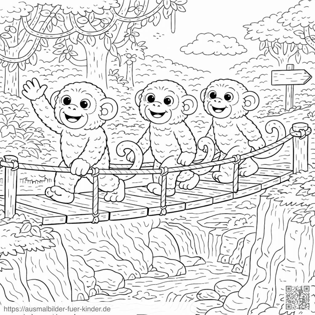 Affenbrücke über die felsige Schlucht - Ausmalbild Affenbrücke über die felsige Schlucht - Ausmalbild