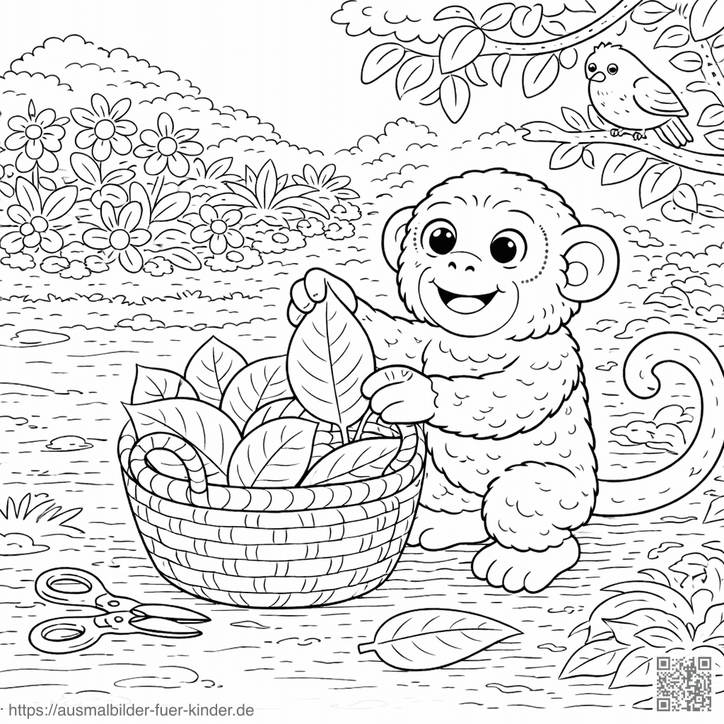 Fröhlicher Affe sammelt Blätter im Garten - Ausmalbild Fröhlicher Affe sammelt Blätter im Garten - Ausmalbild