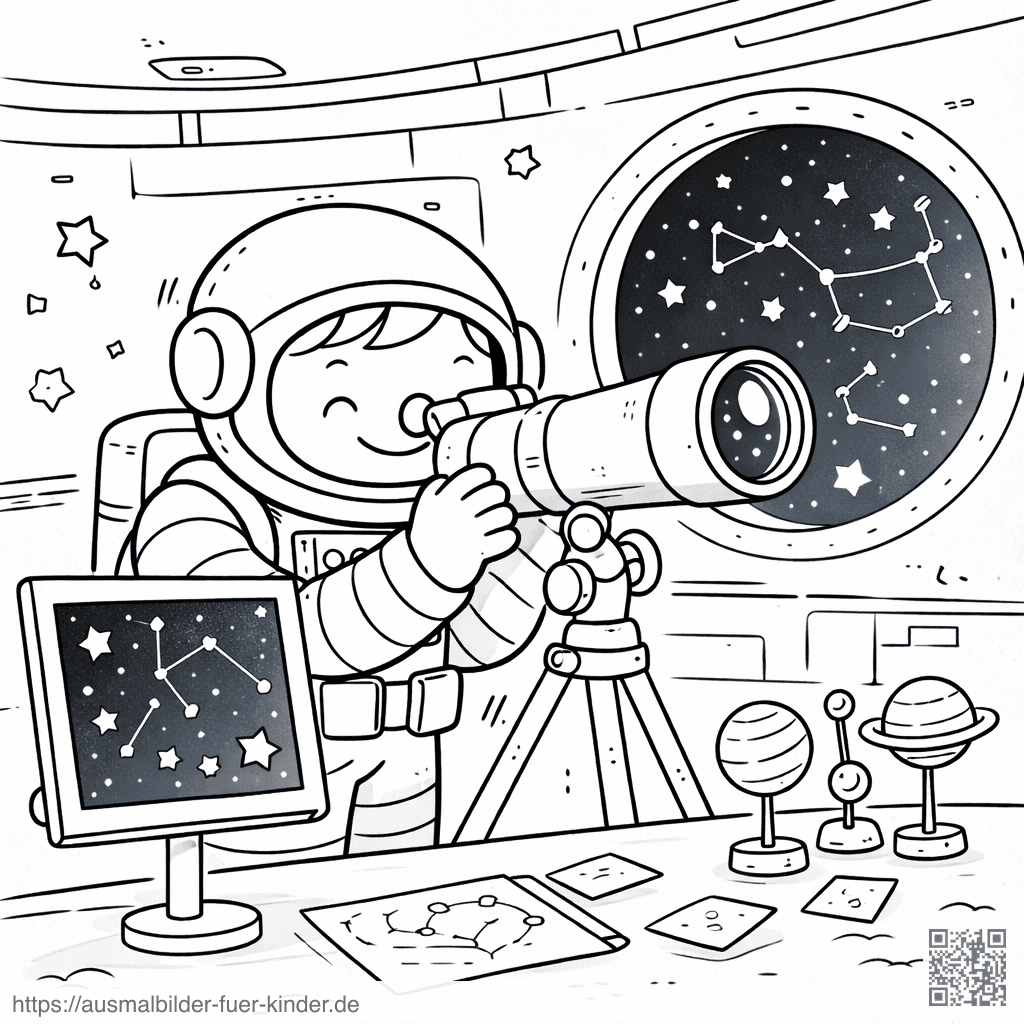 Astronaut in der Raumstation beim Beobachten - Ausmalbild Astronaut in der Raumstation beim Beobachten - Ausmalbild