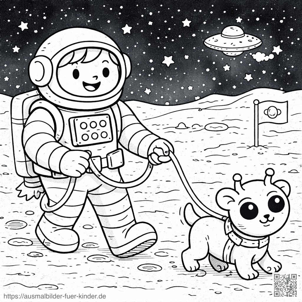 Astronaut mit außerirdischem Hund auf dem Mond - Ausmalbild Astronaut mit außerirdischem Hund auf dem Mond - Ausmalbild