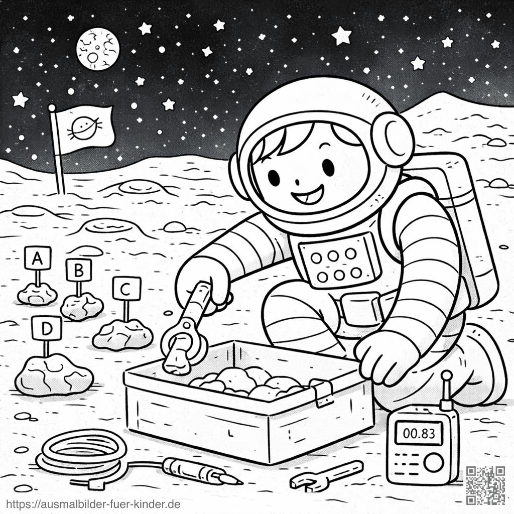 Astronaut sammelt Gesteinsproben auf dem Mond - Ausmalbild Astronaut sammelt Gesteinsproben auf dem Mond - Ausmalbild