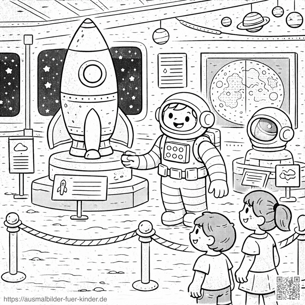 Astronauten und Kinder im Raumfahrtmuseum - Ausmalbild Astronauten und Kinder im Raumfahrtmuseum - Ausmalbild