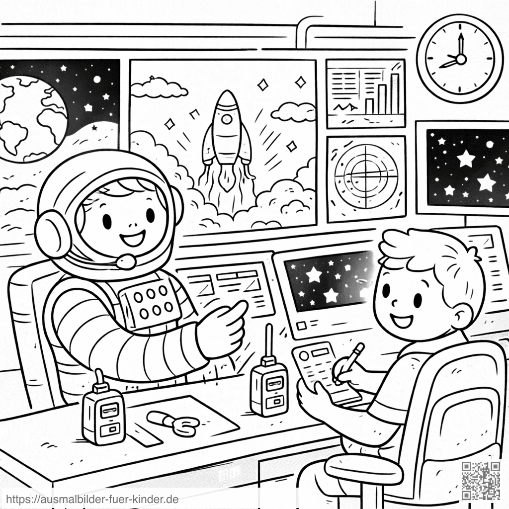 Raumfahrtkontrollzentrum mit Astronaut und Kind - Ausmalbild Raumfahrtkontrollzentrum mit Astronaut und Kind - Ausmalbild