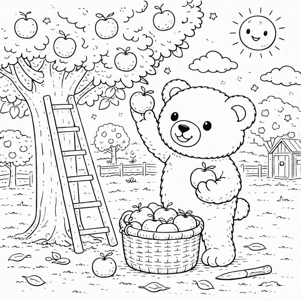 Bär beim Apfelpflücken im Obstgarten - Ausmalbild
