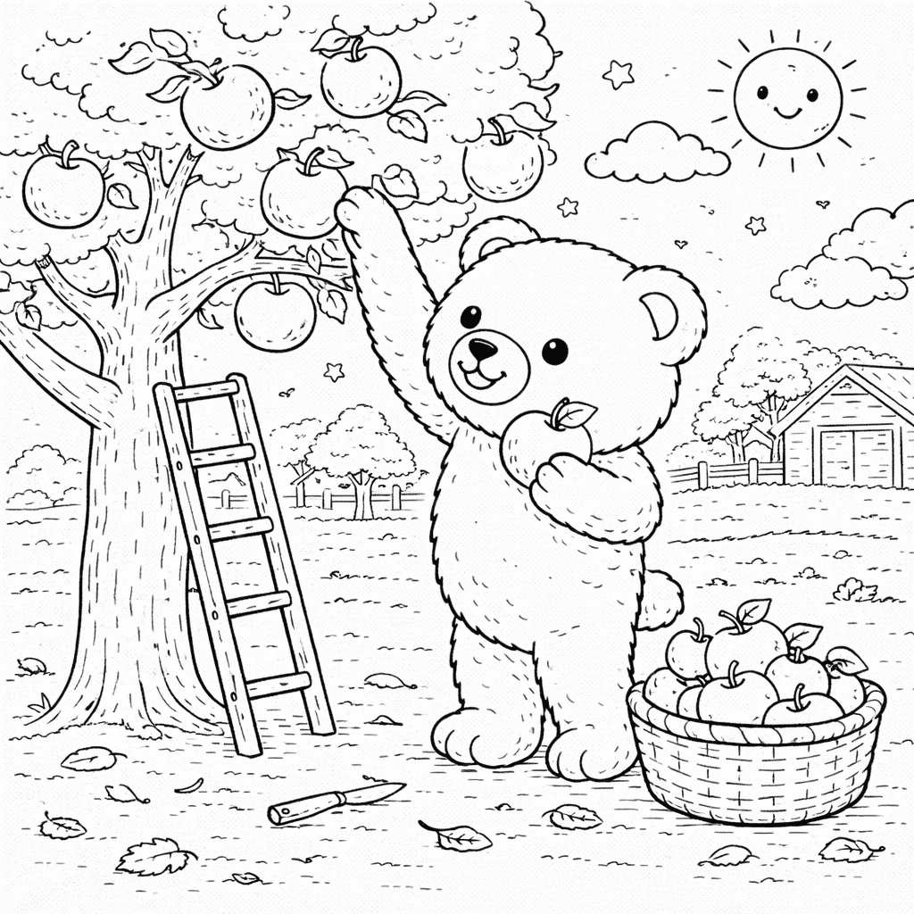 Fröhlicher Bär pflückt Äpfel im Garten - Ausmalbild Fröhlicher Bär pflückt Äpfel im Garten - Ausmalbild