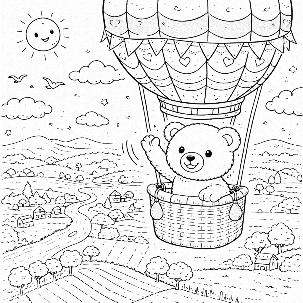 Teddybär im Heißluftballon über Feldern - Ausmalbild