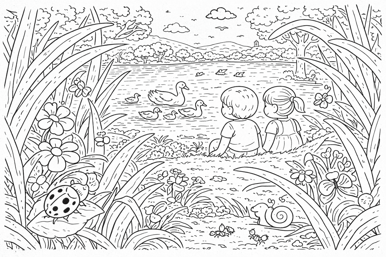 Rheinromantik bei Sonnenuntergang - Ausmalbild