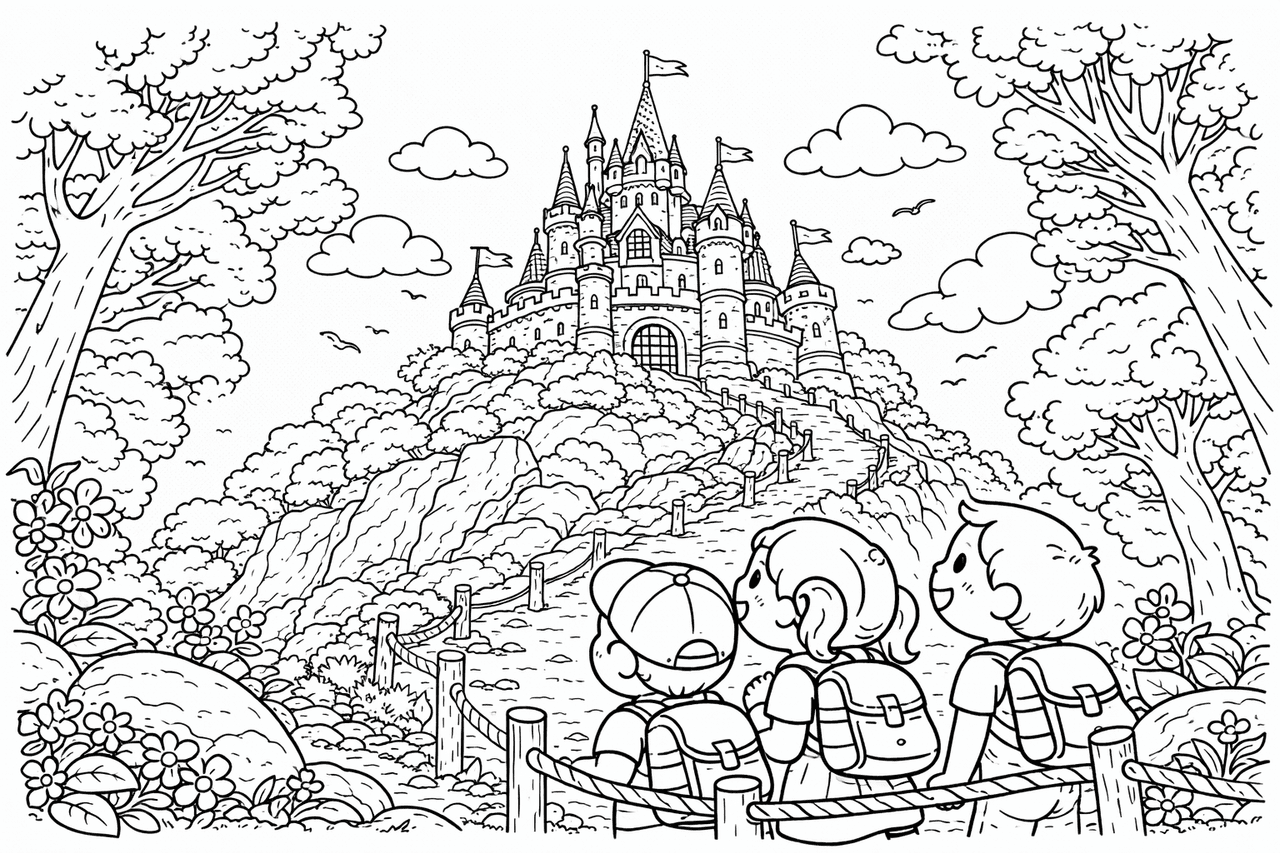 Schloss Drachenburg im Sonnenlicht - Ausmalbild