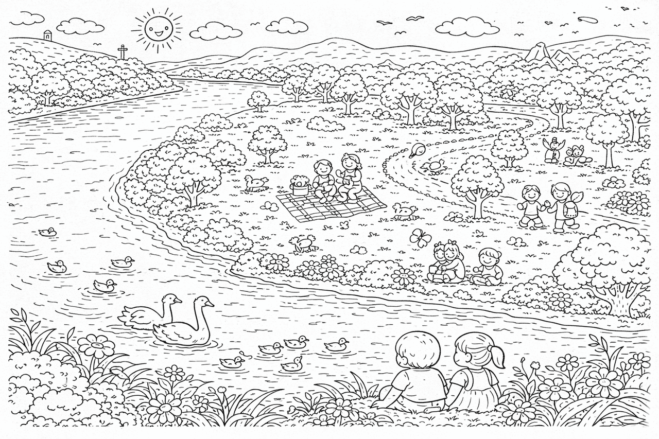 Kinder am Rheinufer - Ausmalbild