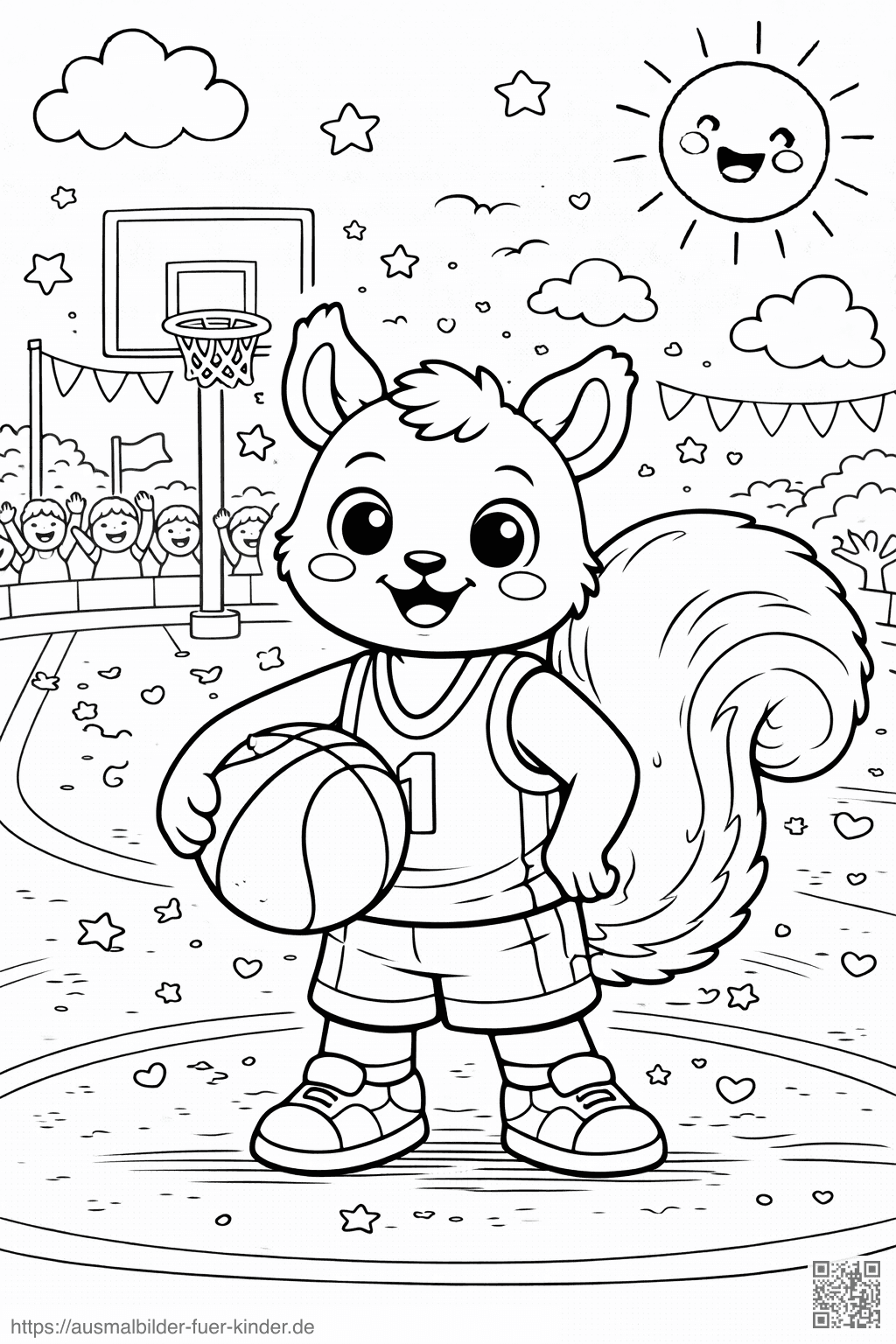 Fröhlicher Basketball-Squirrel in Action - Ausmalbild