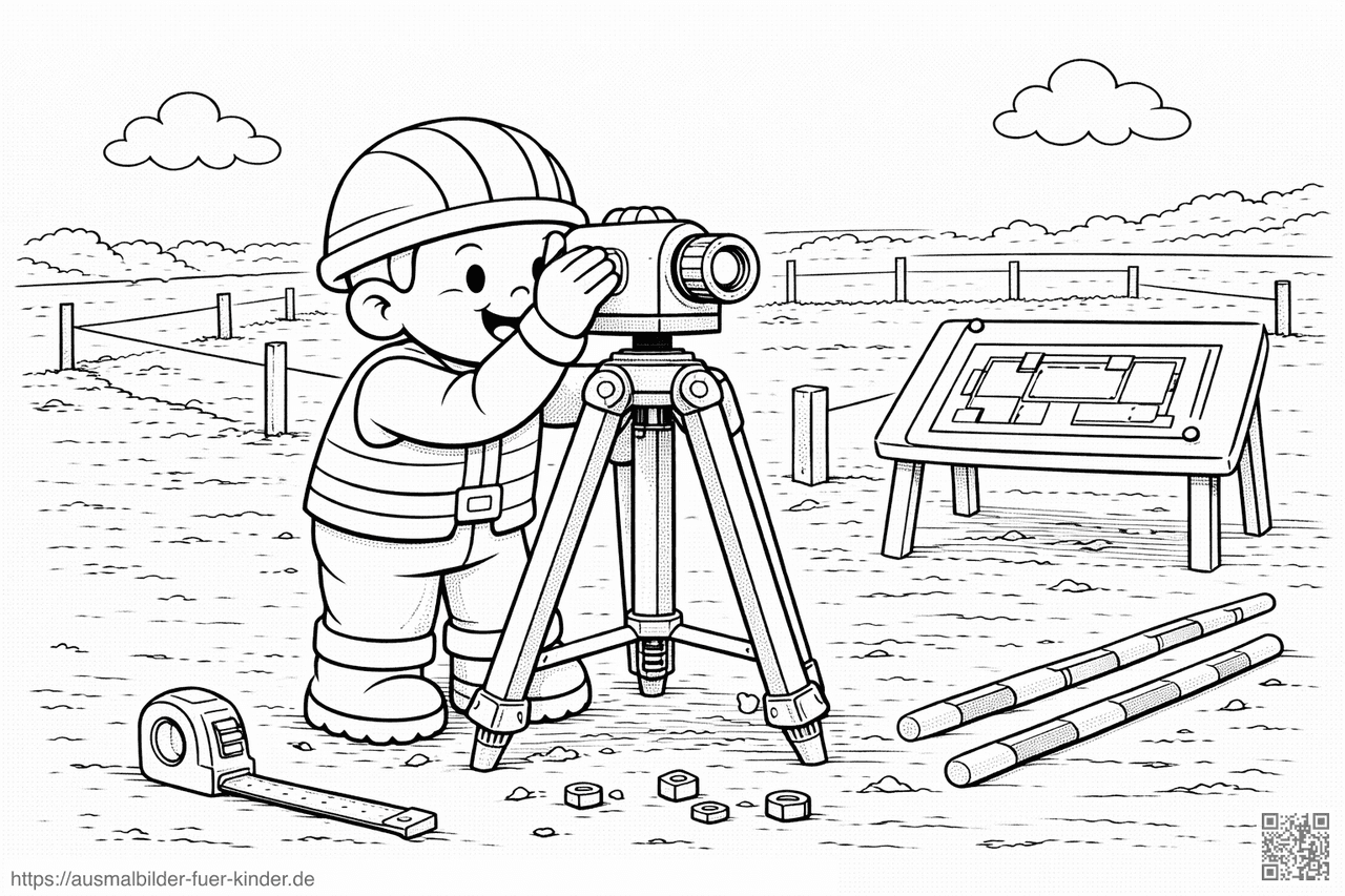 Bauarbeit mit Vermessungsinstrument und Blaupause - Ausmalbild Bauarbeit mit Vermessungsinstrument und Blaupause - Ausmalbild