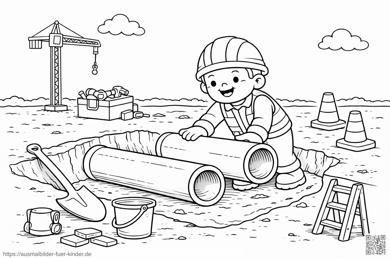 Bauarbeiter bei Rohrinstallation im Graben - Ausmalbild