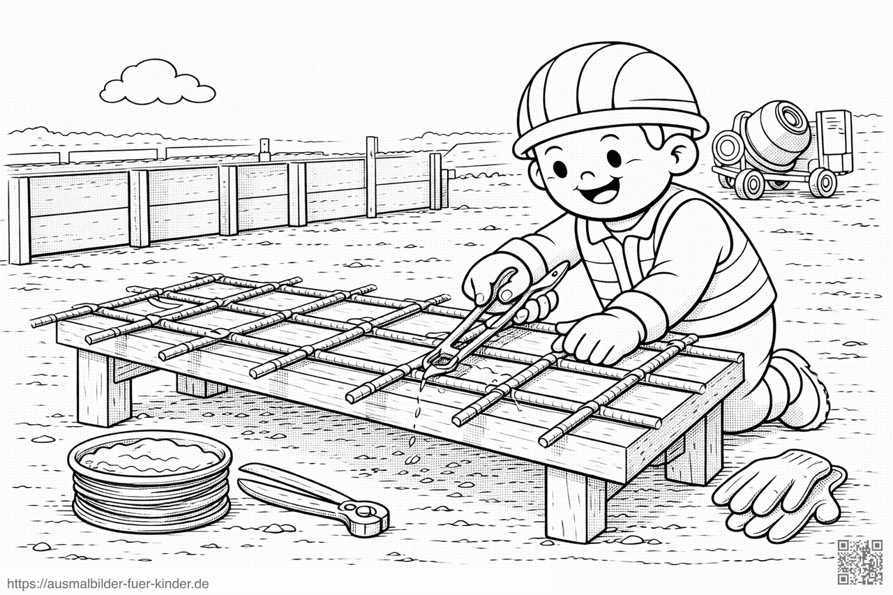 Bauarbeiter bindet Stahlriegel auf Baustelle - Ausmalbild Bauarbeiter bindet Stahlriegel auf Baustelle - Ausmalbild