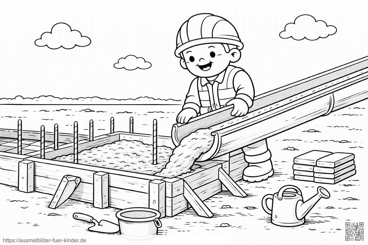 Bauarbeiter gießt Beton in Fundament - Ausmalbild Bauarbeiter gießt Beton in Fundament - Ausmalbild