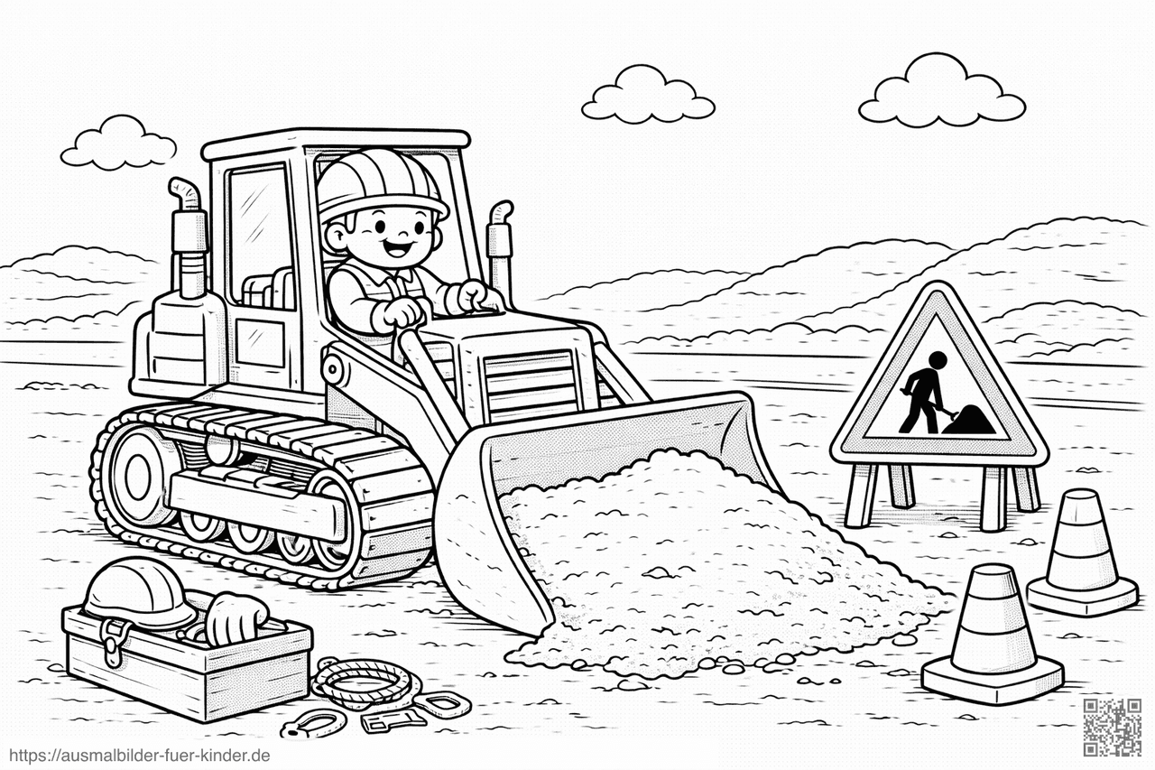 Bauarbeiter im Bulldozer bei der Arbeit - Ausmalbild Bauarbeiter im Bulldozer bei der Arbeit - Ausmalbild