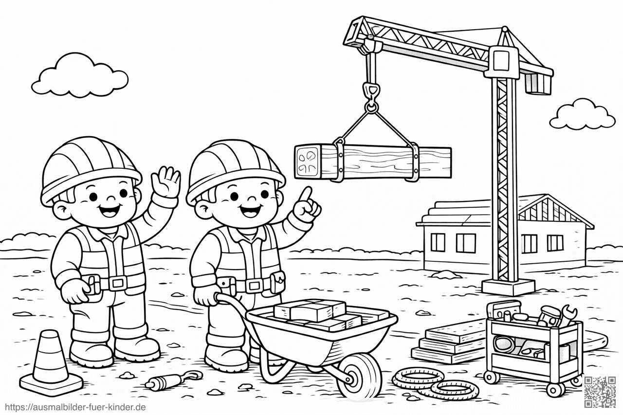 Bauarbeiter leiten Kranarbeit auf Baustelle - Ausmalbild