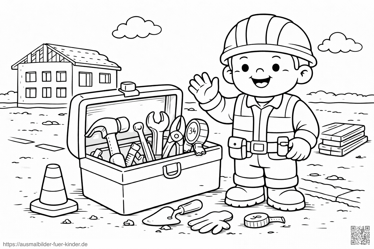 Bauarbeiter mit Werkzeugkasten und Planken - Ausmalbild