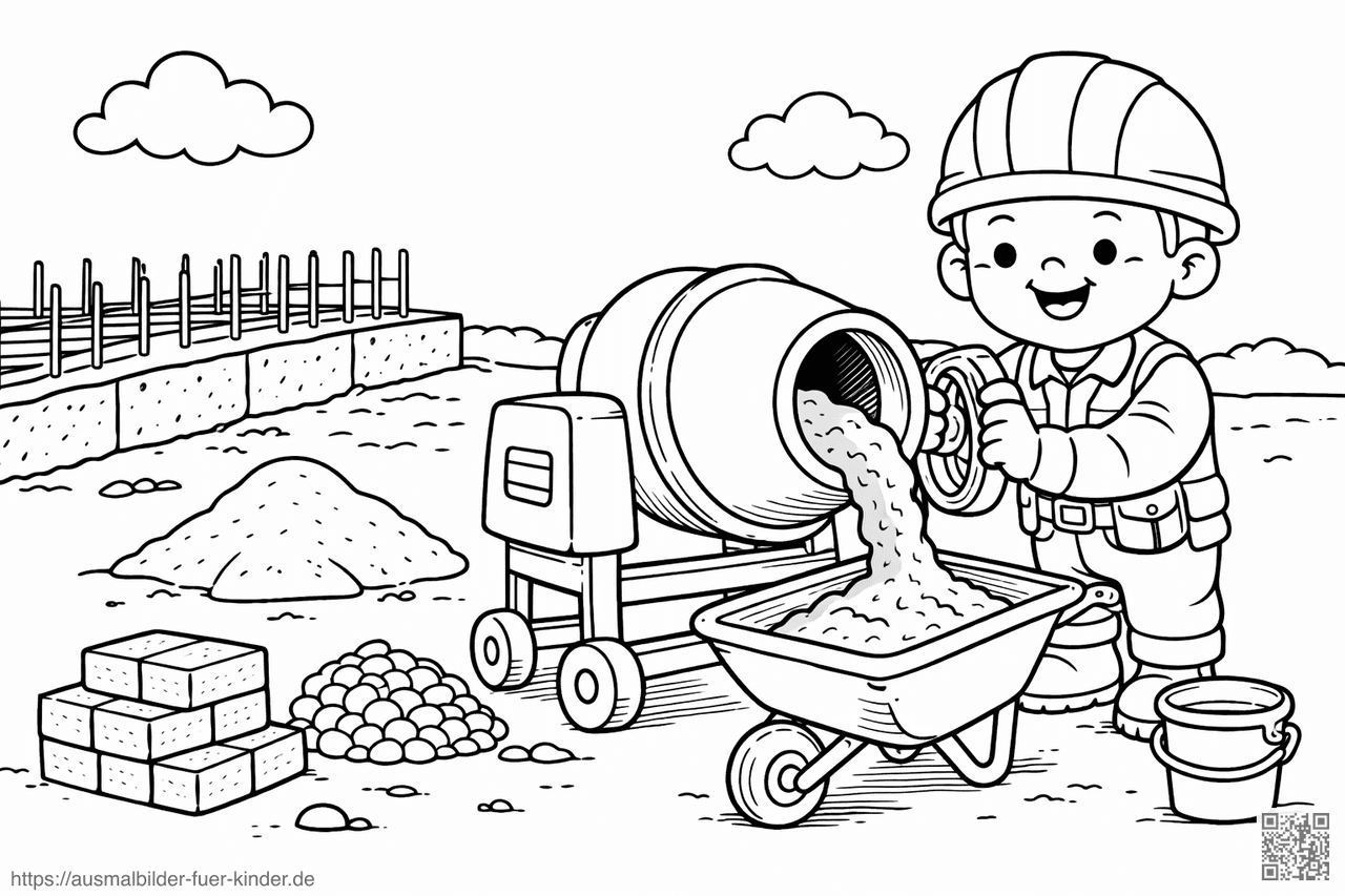 Bauarbeiter mit Zementmischer und Schubkarre - Ausmalbild