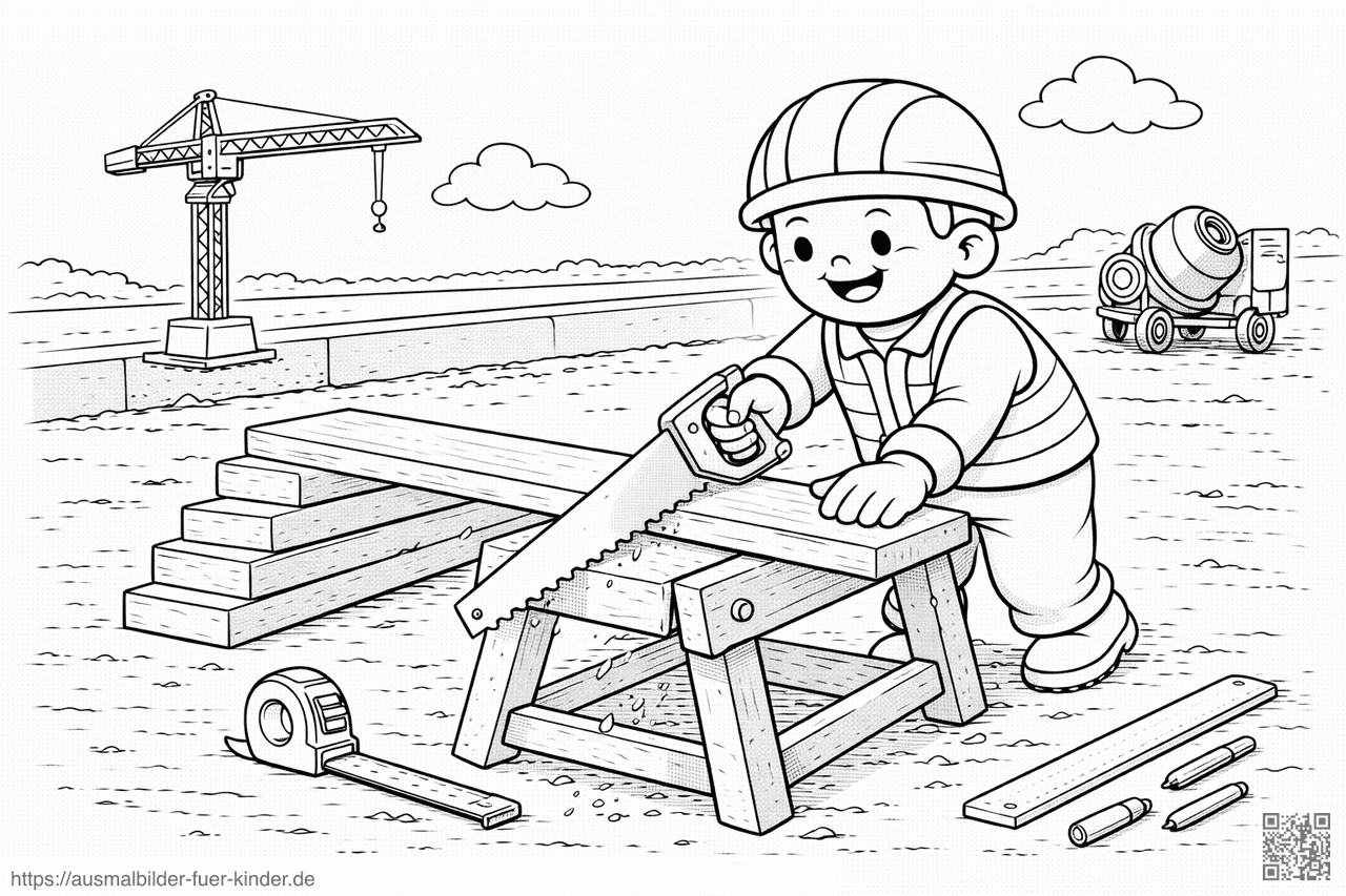Bauarbeiter sägt Holz auf Baustelle - Ausmalbild Bauarbeiter sägt Holz auf Baustelle - Ausmalbild