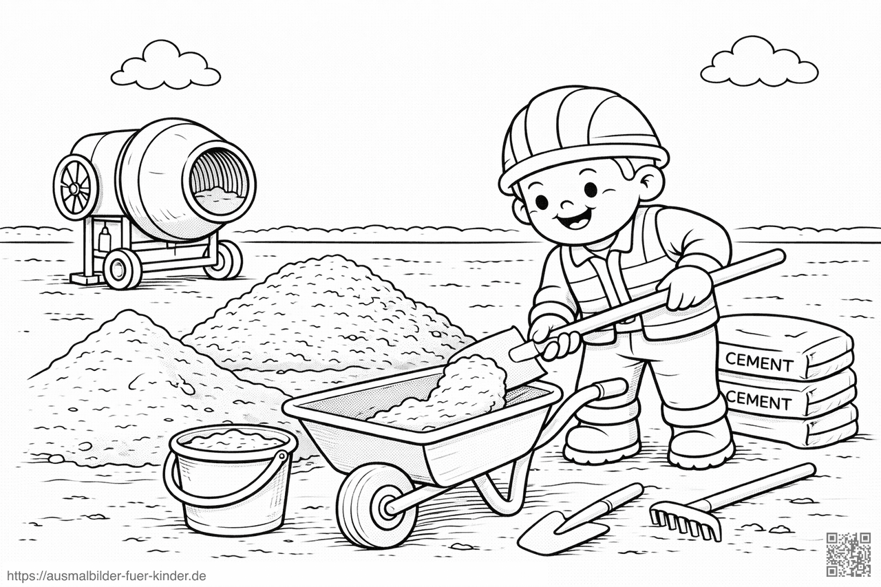 Bauarbeiter schaufelt Sand auf Baustelle - Ausmalbild Bauarbeiter schaufelt Sand auf Baustelle - Ausmalbild