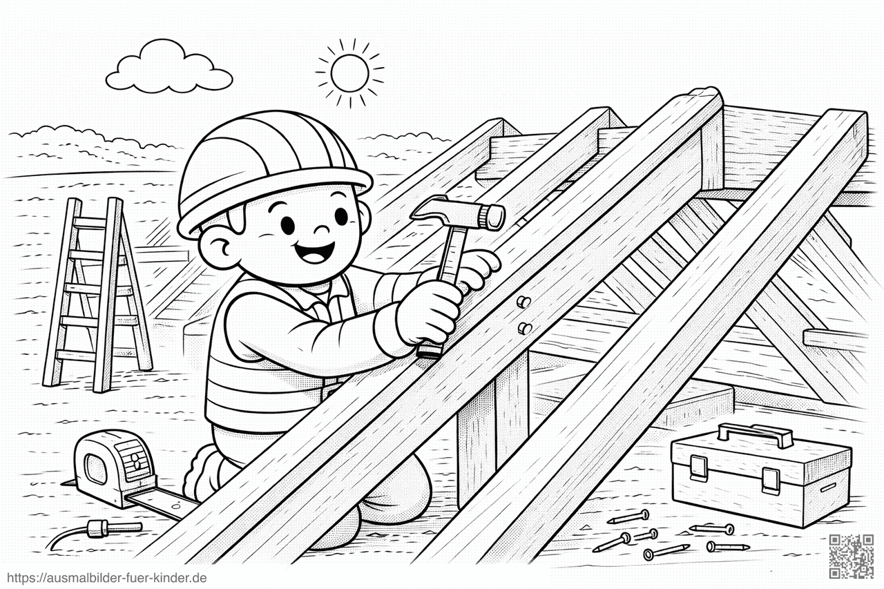 Bauarbeiter sichert Dachbalken mit Hammer - Ausmalbild Bauarbeiter sichert Dachbalken mit Hammer - Ausmalbild