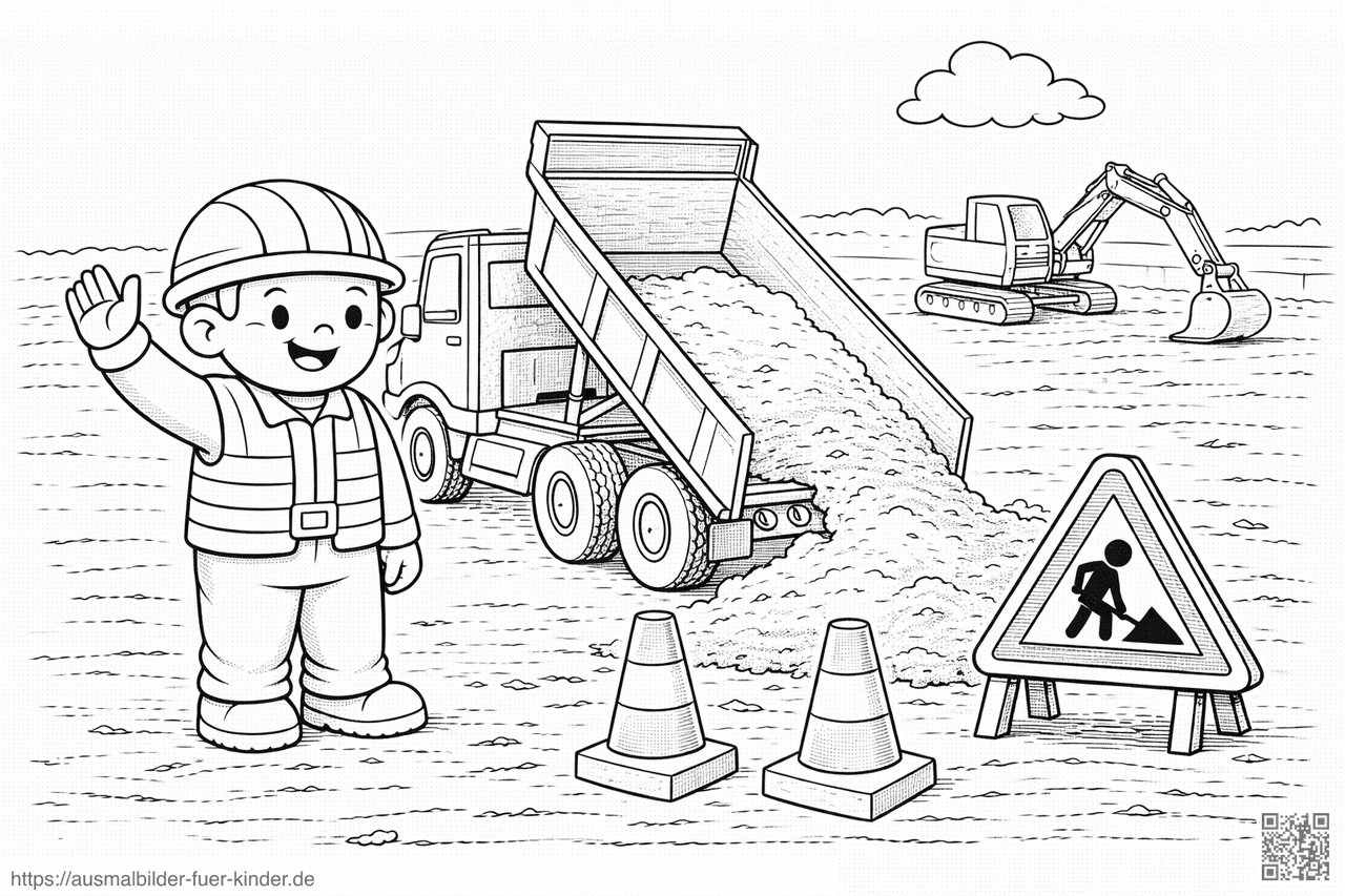 Baustellenarbeiter mit Kipper und Bagger - Ausmalbild Baustellenarbeiter mit Kipper und Bagger - Ausmalbild