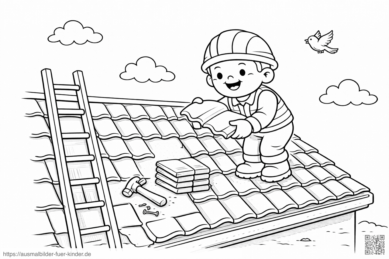 Dachdecker bei der Arbeit auf dem Dach - Ausmalbild Dachdecker bei der Arbeit auf dem Dach - Ausmalbild