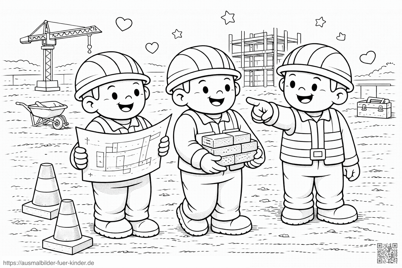 Fröhliche Bauarbeiter auf der Baustelle - Ausmalbild Fröhliche Bauarbeiter auf der Baustelle - Ausmalbild