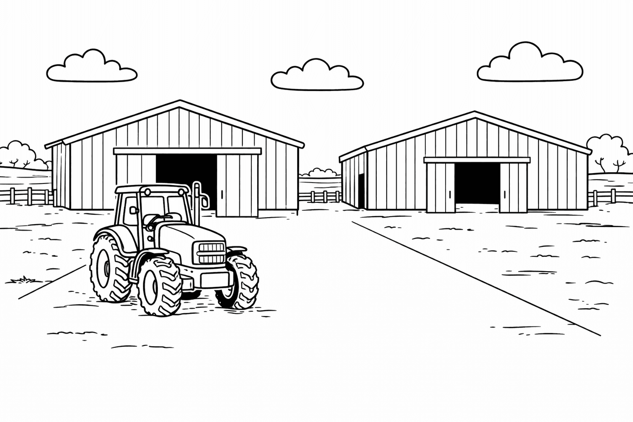Moderne Farm mit Traktor - Ausmalbild