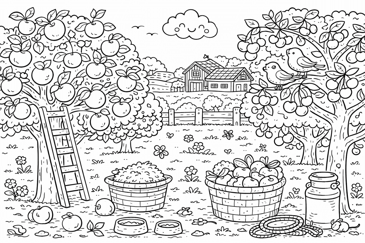 Ländlicher Obstgarten - Ausmalbild