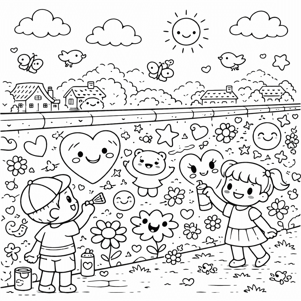 Kinder malen Graffiti in Berlin - Ausmalbild