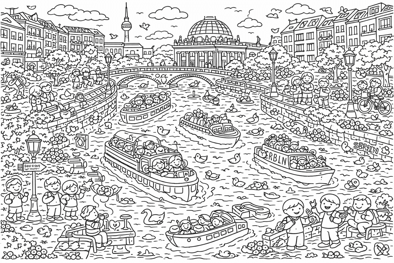 Wimmelbild: Spreeufer mit Brücken - Ausmalbild