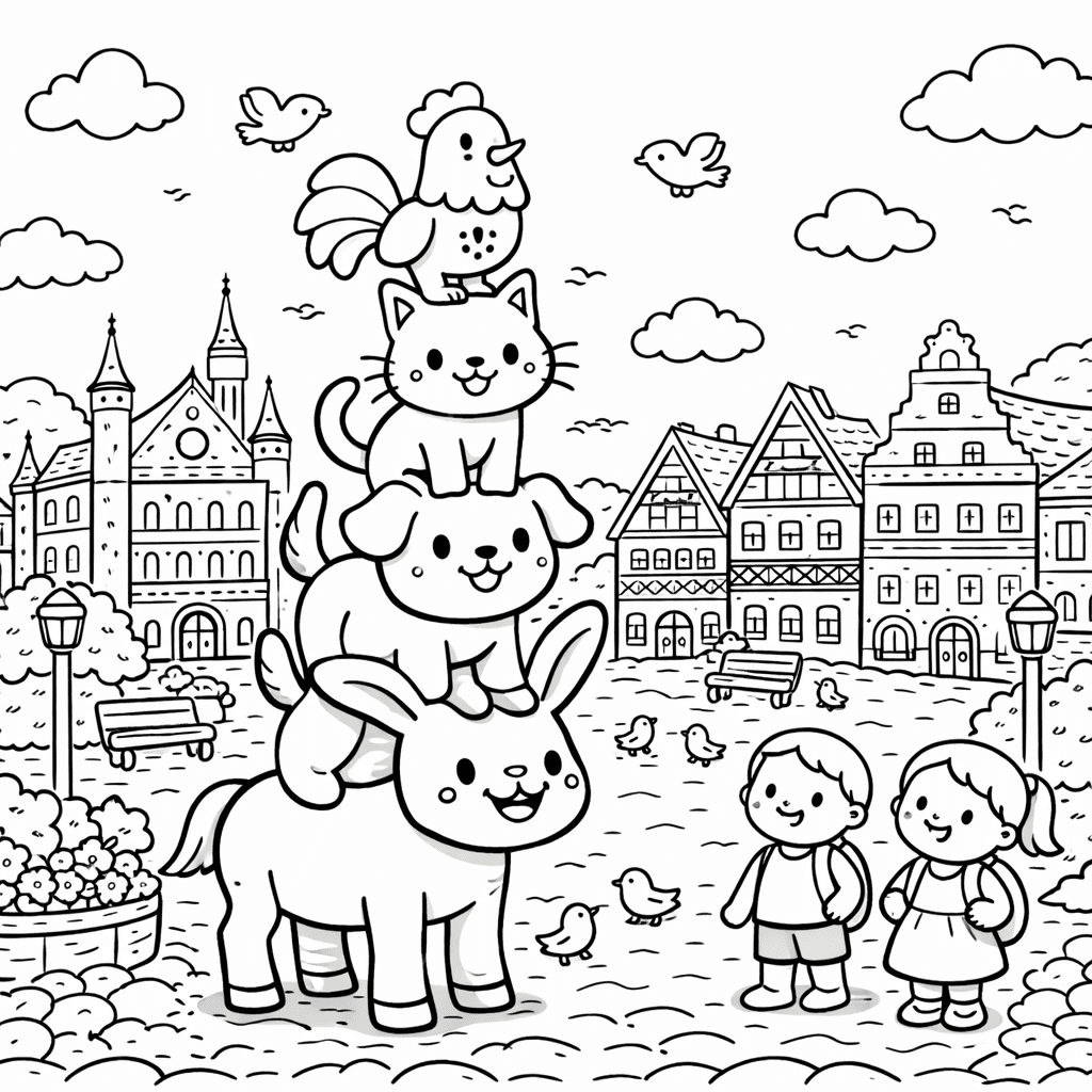 Die Stadttiere im Märchenmarkt - Ausmalbild