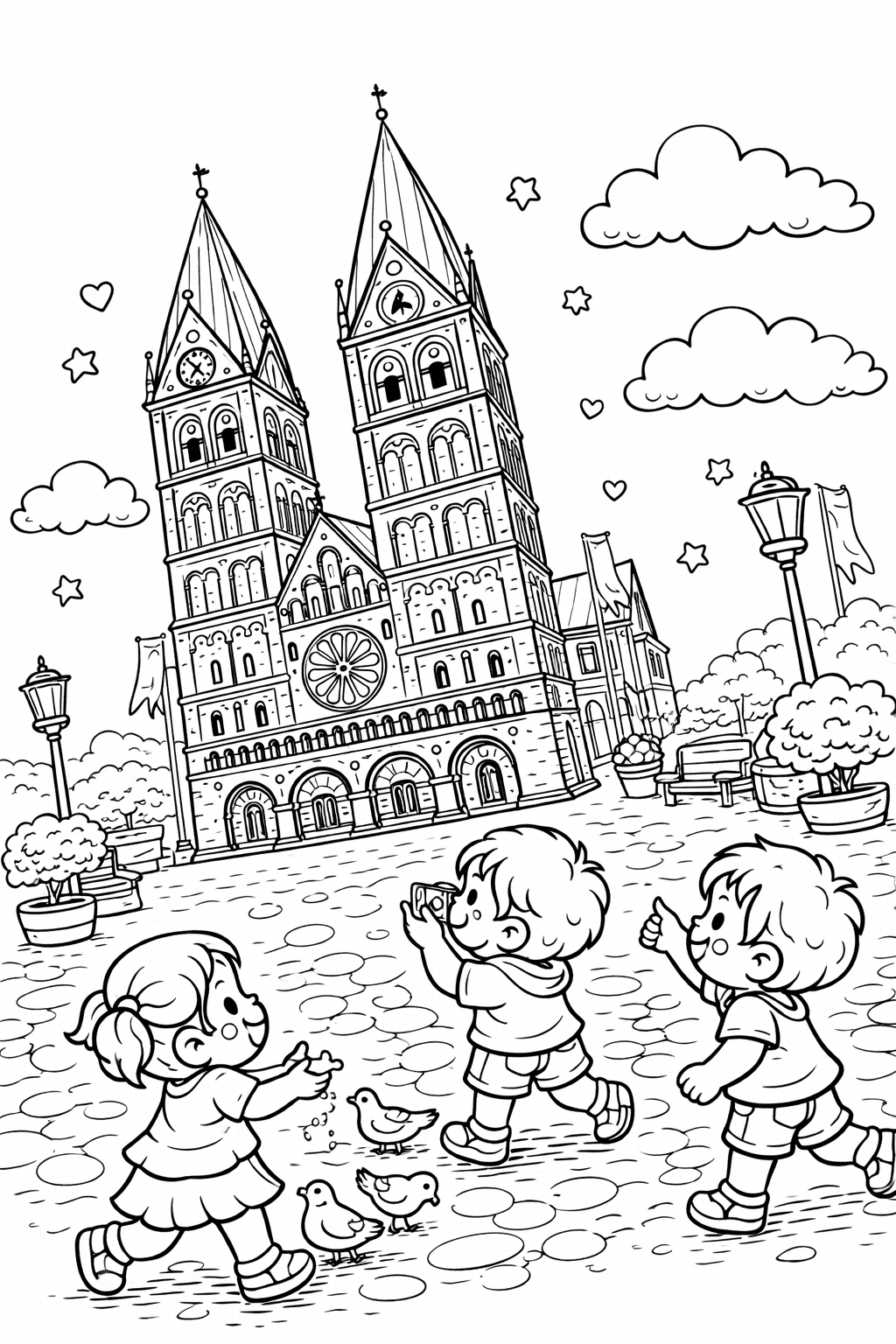 Bremen Dom mit Kindern im Vordergrund - Ausmalbild