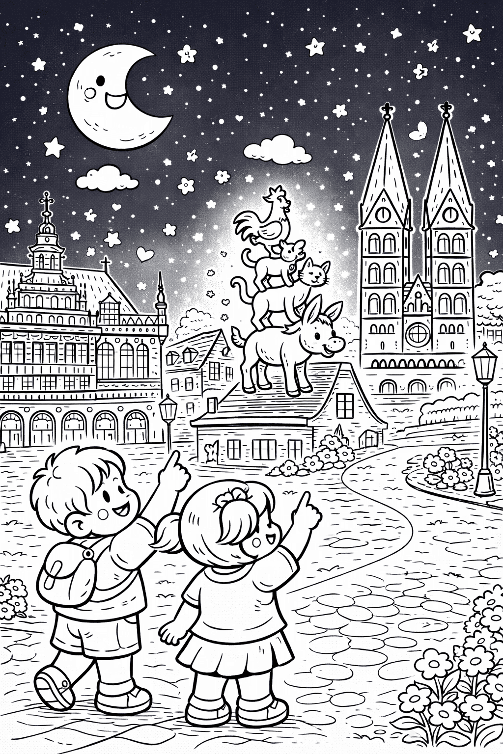 Die Bremer Stadtmusikanten bei Nacht - Ausmalbild