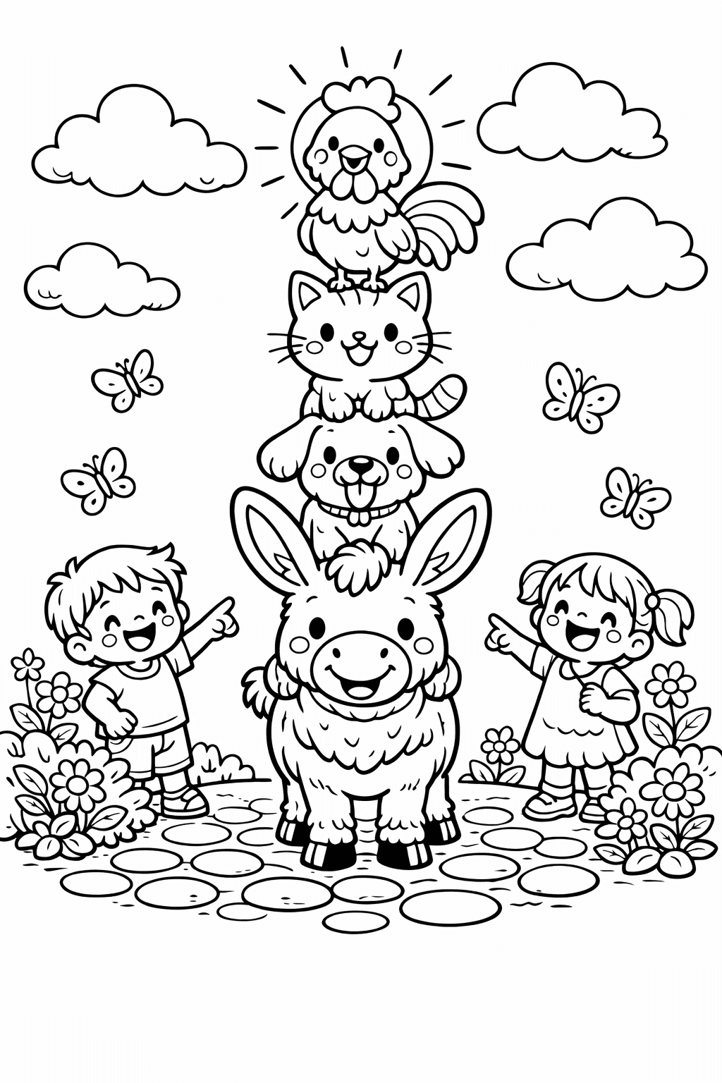 Die Bremer Stadtmusikanten und Kinder - Ausmalbild