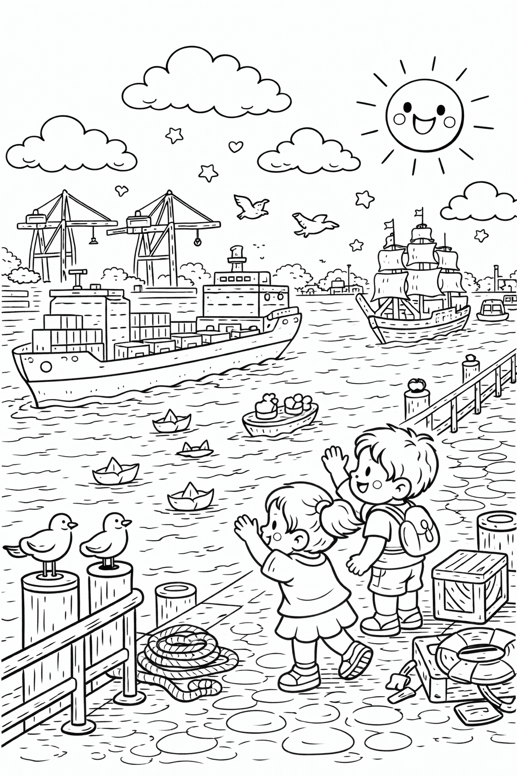 Fröhlicher Tag im Bremer Hafen - Ausmalbild