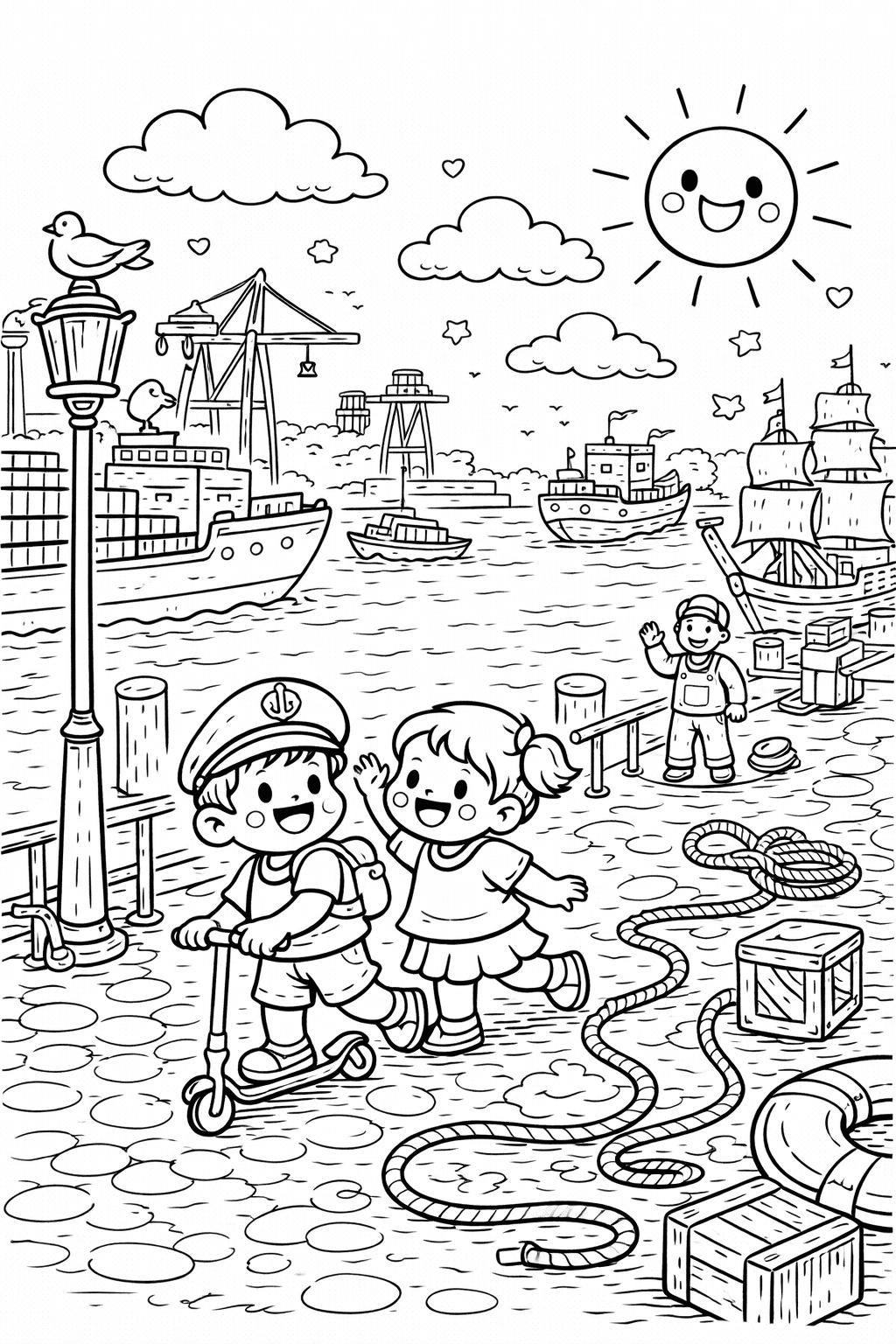 Kinder am Hafen mit freundlichem Arbeiter - Ausmalbild