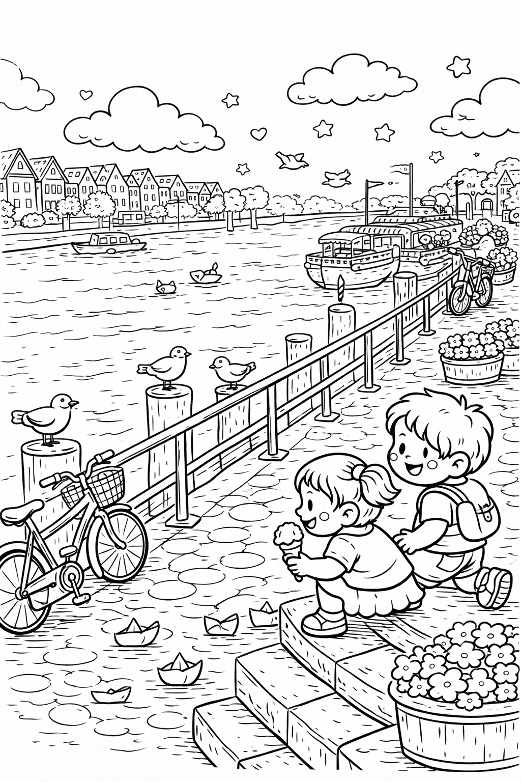 Kinder an der Weser mit Booten - Ausmalbild