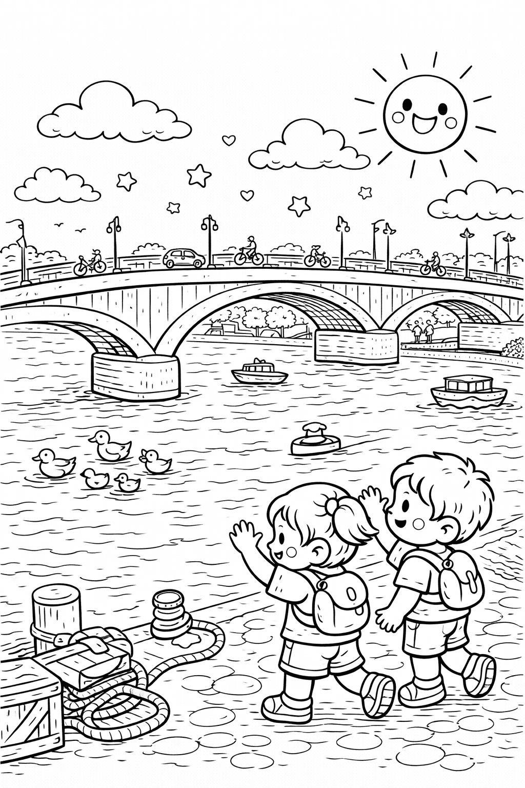 Kinder an der Weserbrücke - Ausmalbild