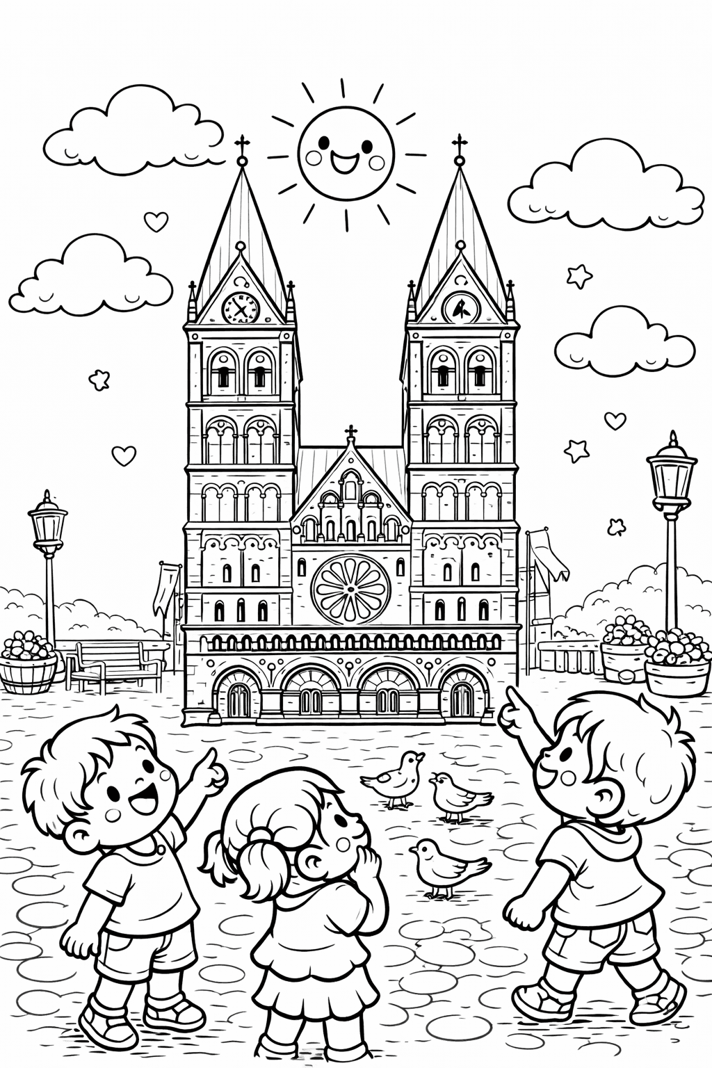 Kinder bewundern den Bremer Dom - Ausmalbild