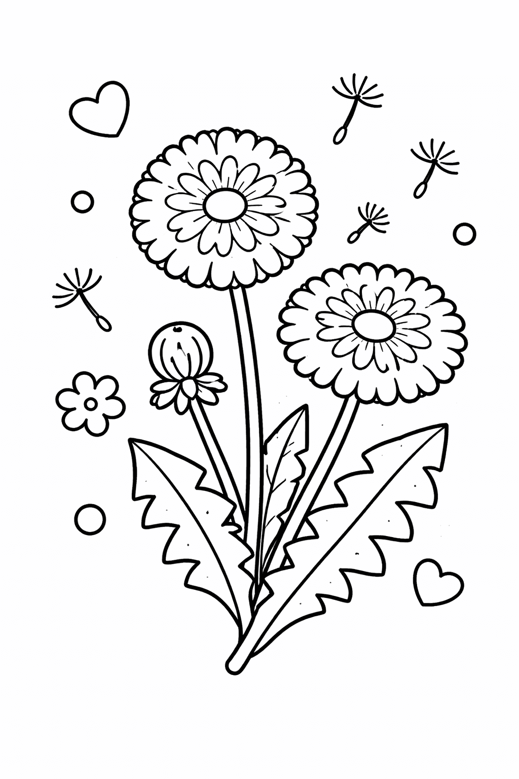 Löwenzahn-Schirmchen mit Herzen - Ausmalbild