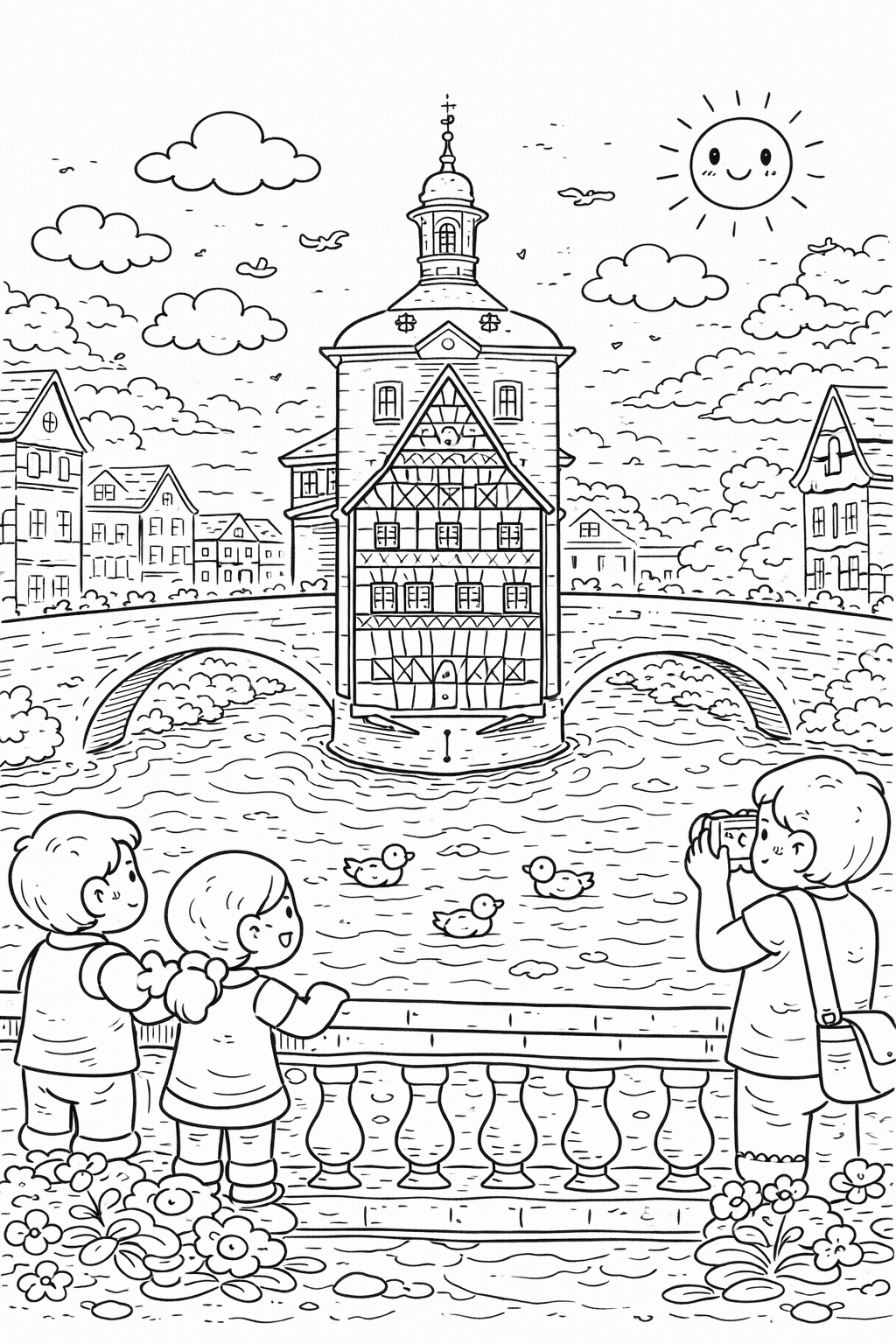 Deutschland: Altes Rathaus in Bamberg im Kawaii-Stil - Ausmalbild