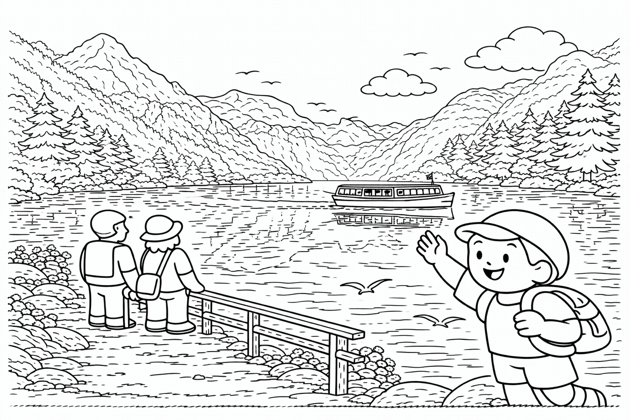 Deutschland: Am Königssee mit Familie und Boot - Ausmalbild