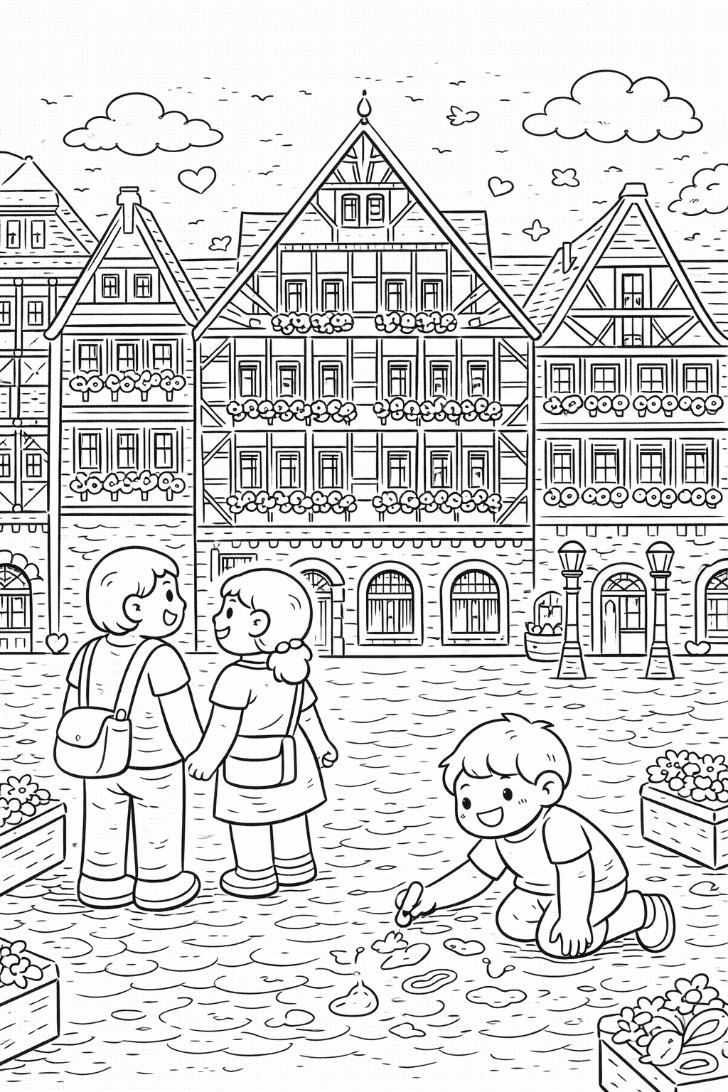 Deutschland: Fachwerkhäuser und spielende Kinder in Frankfurt - Ausmalbild