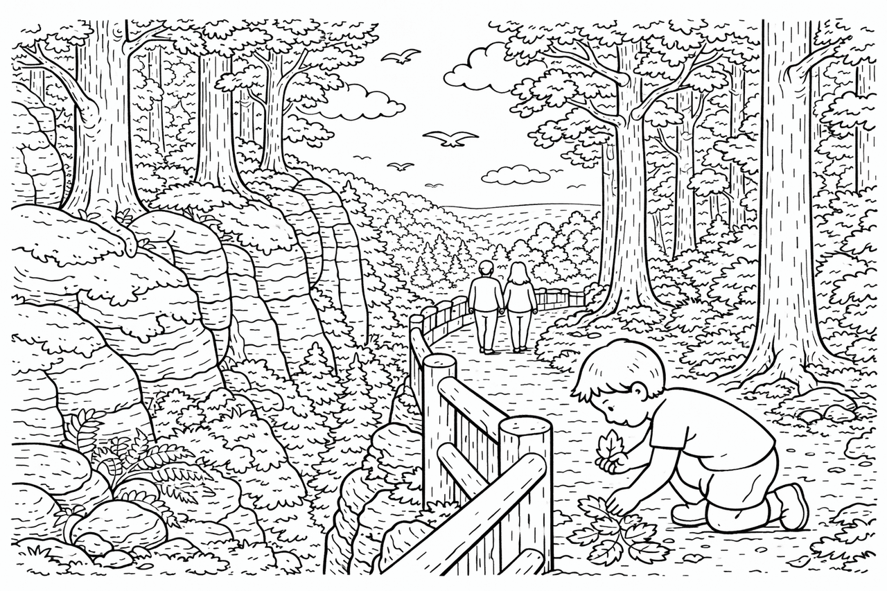 Deutschland: Familie auf Waldwanderung im Teutoburger Wald - Ausmalbild