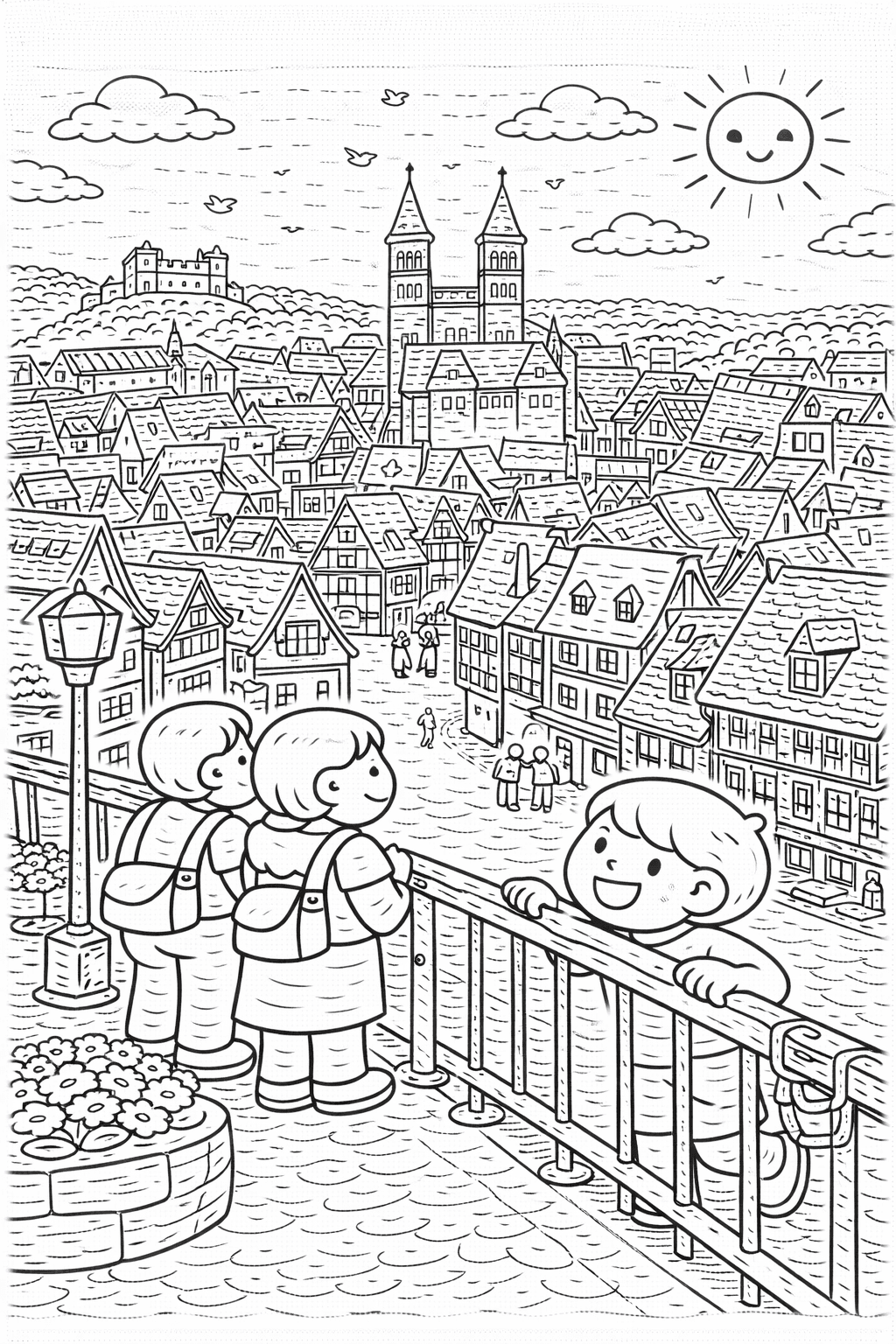 Deutschland: Familie auf dem Aussichtspunkt in Quedlinburg - Ausmalbild