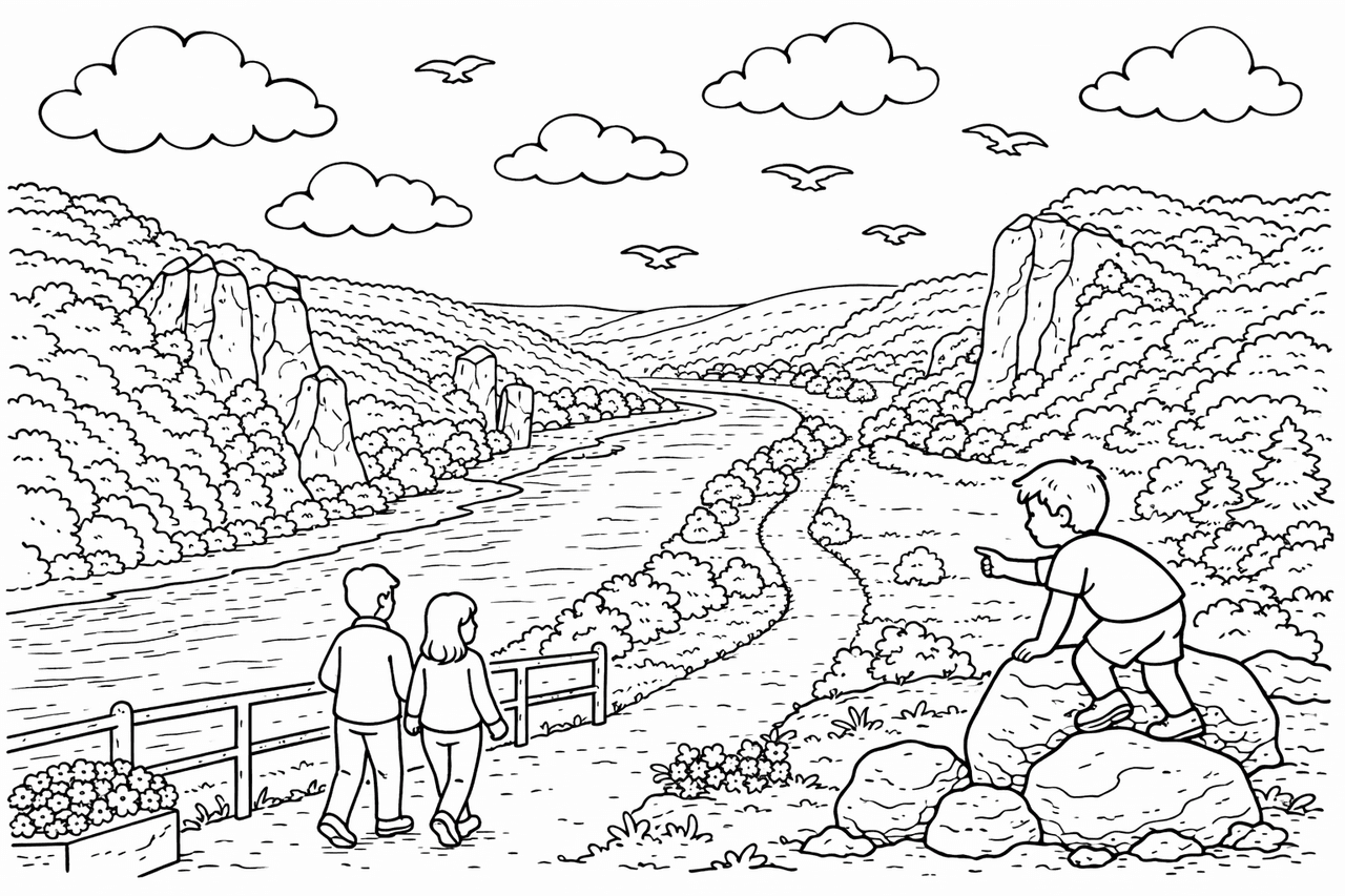 Deutschland: Familie beim Wandern im Altmühltal - Ausmalbild